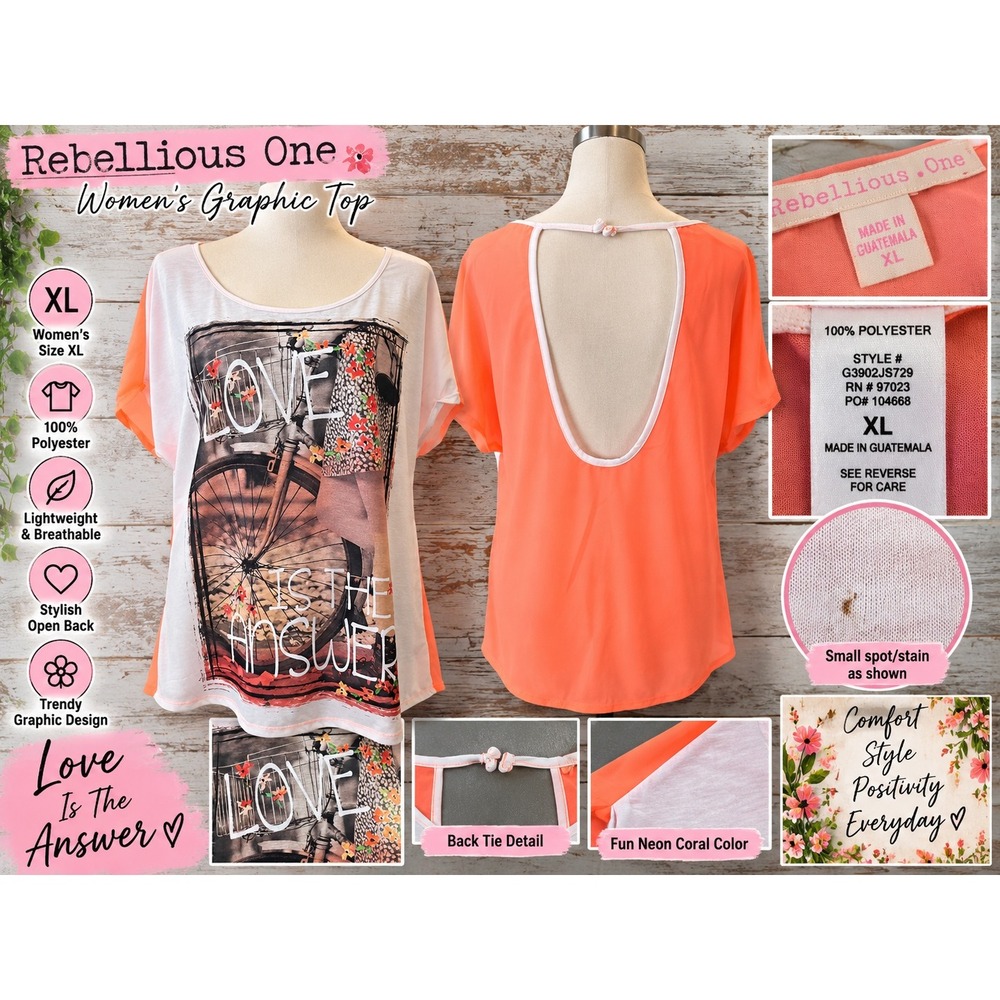 Rebellious One Women XL Graphic Top Neon Coral Open Back Love Is The Answer Tee
